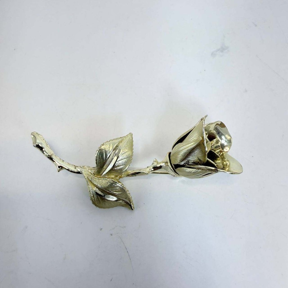 Vintage Gold Tone Long Stem Rose Brooch Textured Floral Pin 2.75 Inch